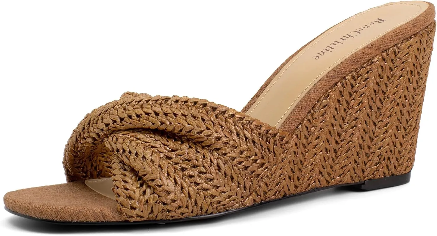 Women's Wedges Slippers Fabric Heels Slip on Comfy Evening Dress Sandals Square Toe Shoes for Women 3.3" Heels