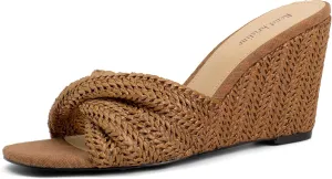 Women's Wedges Slippers Fabric Heels Slip on Comfy Evening Dress Sandals Square Toe Shoes for Women 3.3" Heels