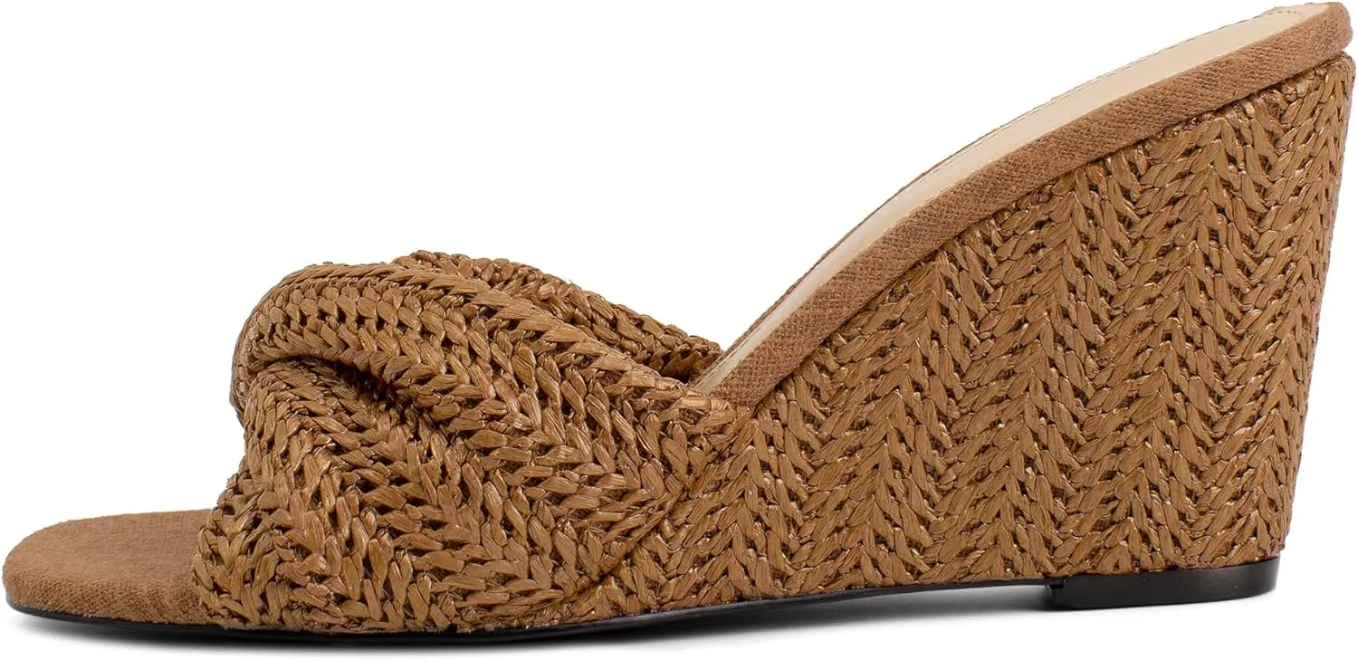 Women's Wedges Slippers Fabric Heels Slip on Comfy Evening Dress Sandals Square Toe Shoes for Women 3.3" Heels