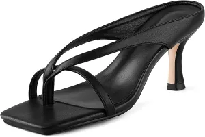 Women's Wide Kitten Heels Thong Sandals Slip on Heels Square Open Toe Heeled Sandals for Women Casual Summer Black Size 40