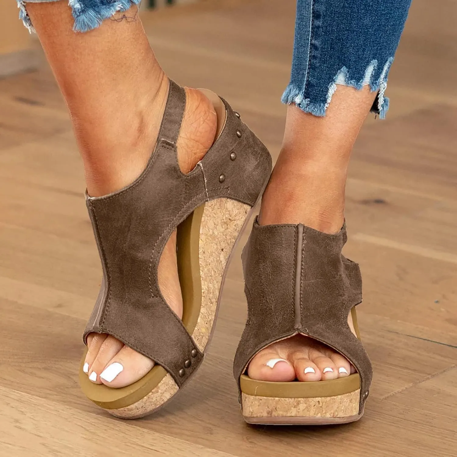 Womenyiaor Coffee Wedge Sandals, Women's Comfy Platform Sandals Slip-On Summer Casual Beach Wedge Sandals (7)
