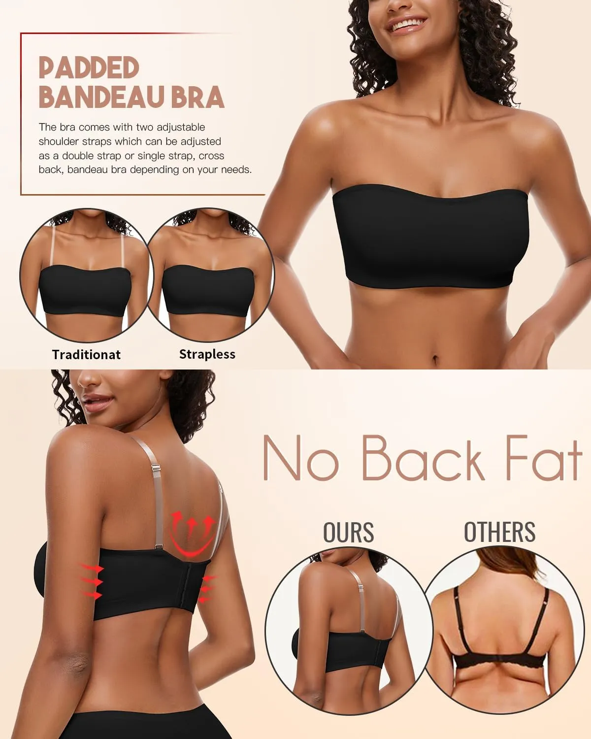WOWENY Strapless Bras for Women Bandeau Bra Non-Slip Silicone Wireless Bra Seamless Padded Comfy Tube Top Bralette