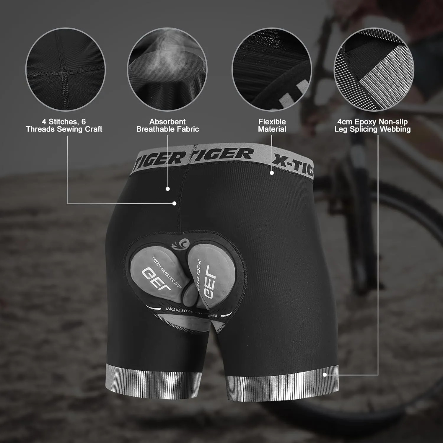 X-TIGER Cycling Underwear Mens Bike Shorts 5D Padded Mountain Biking Riding Shorts with Anti-Slip Leg,Bicycle Liner Shorts