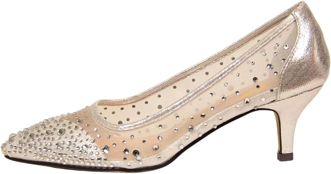 XYD Women's Pointed Closed Toe Slip On Graceful Mesh Pumps Rhinestone Studs Comfy Kitten Heels Shoes for Mother Brides Wedding Party