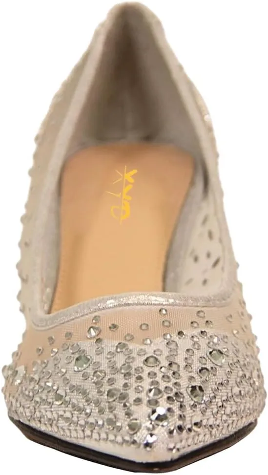 XYD Women's Pointed Closed Toe Slip On Graceful Mesh Pumps Rhinestone Studs Comfy Kitten Heels Shoes for Mother Brides Wedding Party