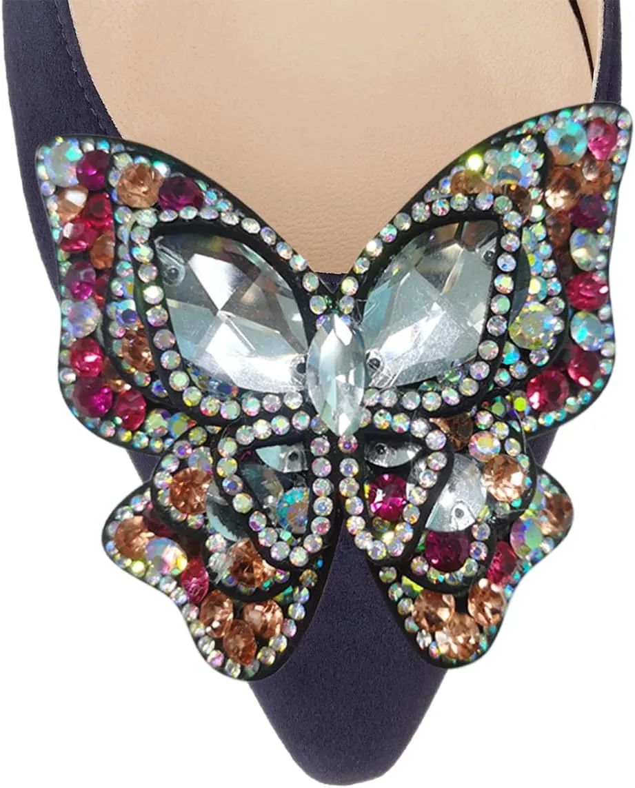 YDN Women Butterfly Pumps Colorful Crystal High Heels Studded Slip On Closed Pointed Toe Dress Shoe Wedding Party Size 4-16 US