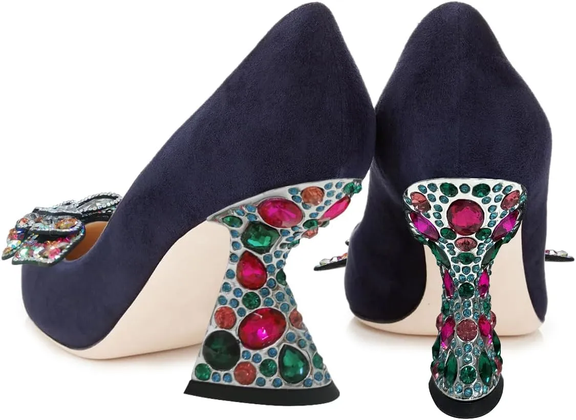 YDN Women Butterfly Pumps Colorful Crystal High Heels Studded Slip On Closed Pointed Toe Dress Shoe Wedding Party Size 4-16 US