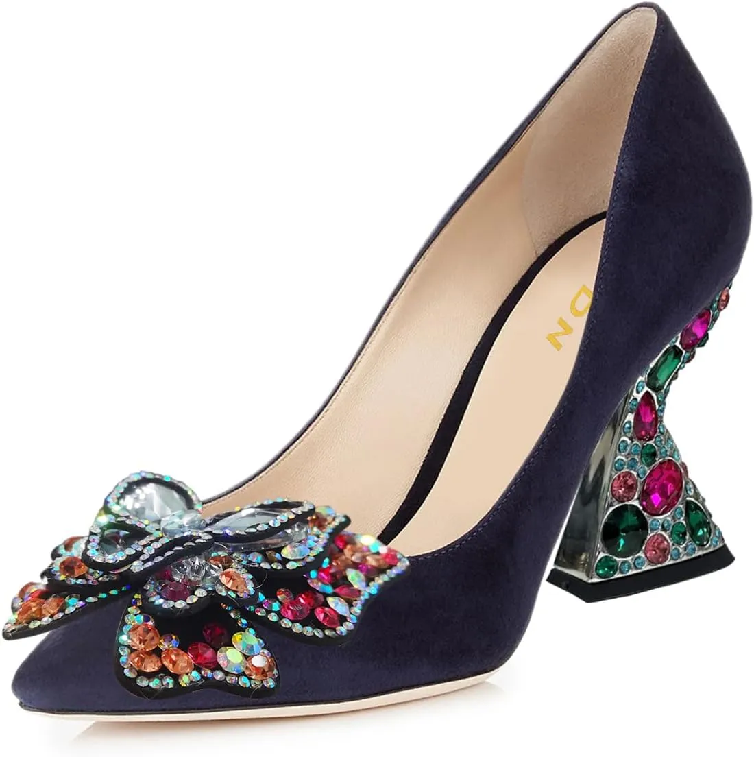 YDN Women Butterfly Pumps Colorful Crystal High Heels Studded Slip On Closed Pointed Toe Dress Shoe Wedding Party Size 4-16 US