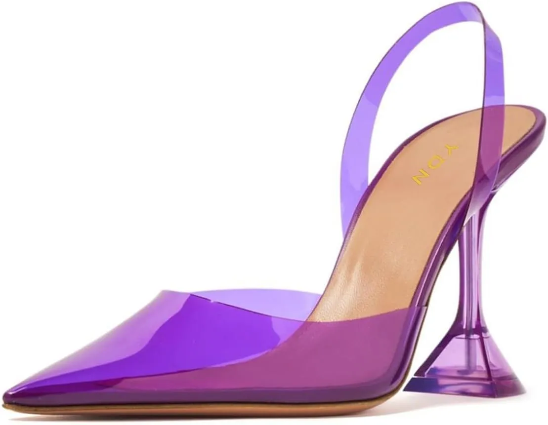 YDN Women Transparent Pumps Slingback Slip On Wineglass Slim High Heels Closed Pointed Toe Dress Shoes Dating Wedding Size 4-16 US