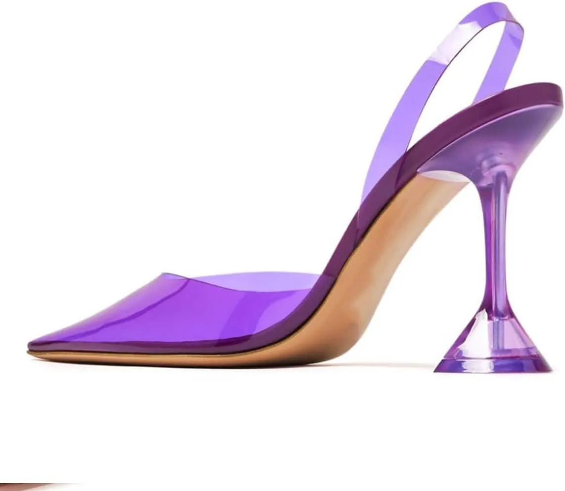 YDN Women Transparent Pumps Slingback Slip On Wineglass Slim High Heels Closed Pointed Toe Dress Shoes Dating Wedding Size 4-16 US