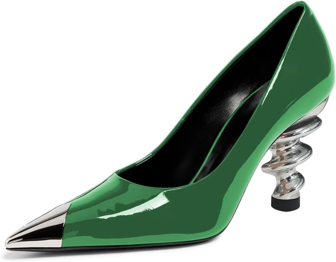 YDN Women Trendy Pumps Spiral Chunky High Heels Two Tone Slip On Metal Pointed Toe Shoes Office Business Size 4-16 US