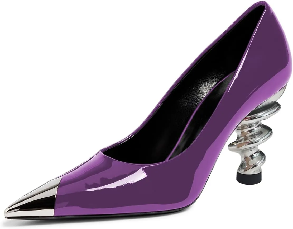 YDN Women Trendy Pumps Spiral Chunky High Heels Two Tone Slip On Metal Pointed Toe Shoes Office Business Size 4-16 US