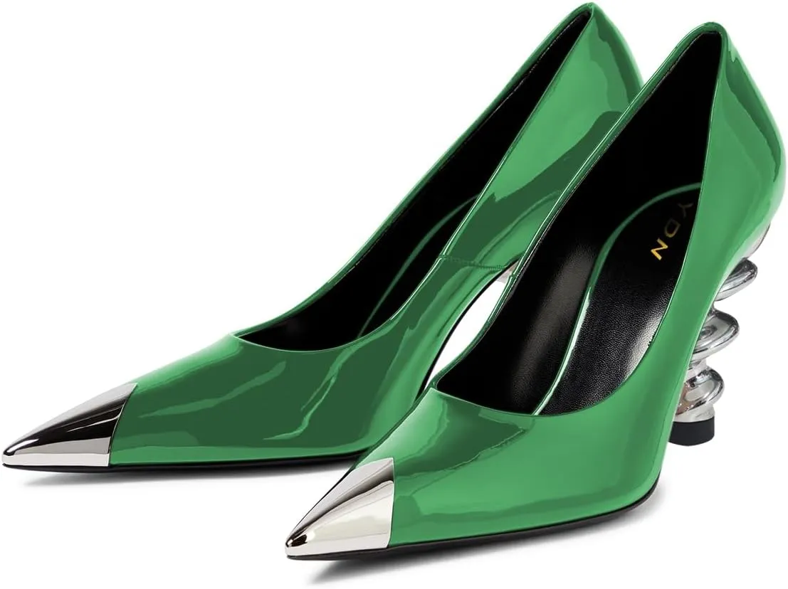 YDN Women Trendy Pumps Spiral Chunky High Heels Two Tone Slip On Metal Pointed Toe Shoes Office Business Size 4-16 US