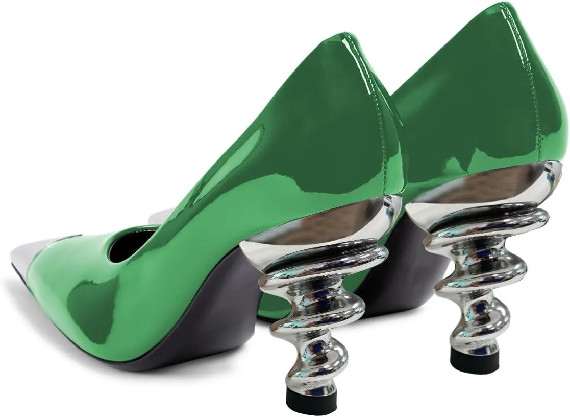YDN Women Trendy Pumps Spiral Chunky High Heels Two Tone Slip On Metal Pointed Toe Shoes Office Business Size 4-16 US