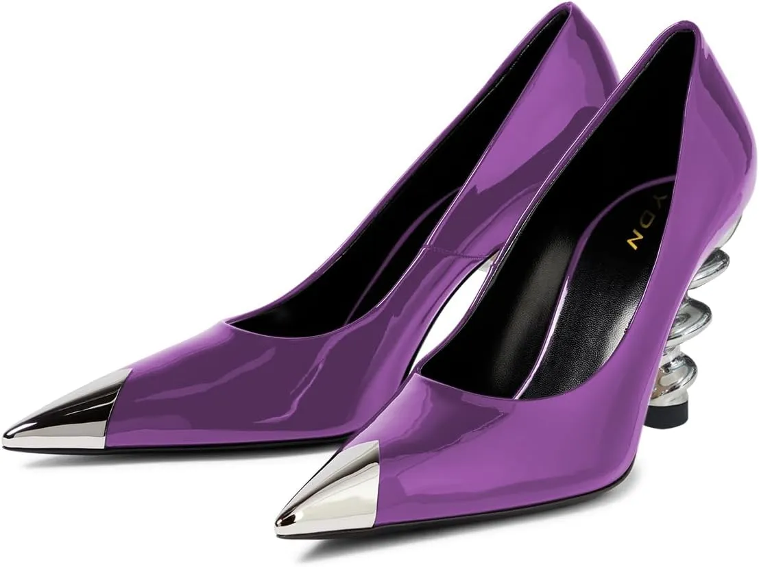YDN Women Trendy Pumps Spiral Chunky High Heels Two Tone Slip On Metal Pointed Toe Shoes Office Business Size 4-16 US