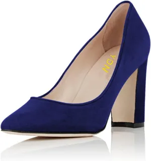 YDN Women's Classic Heeled Office Ladies Pumps Slip on Pointy Toe Chunky High Heels Suede Dress Formal Wear Shoes Size 4-15