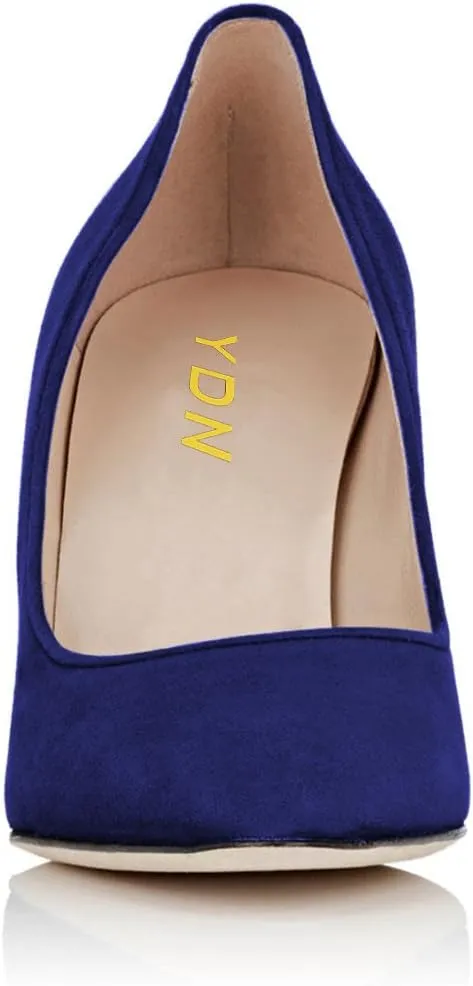 YDN Women's Classic Heeled Office Ladies Pumps Slip on Pointy Toe Chunky High Heels Suede Dress Formal Wear Shoes Size 4-15