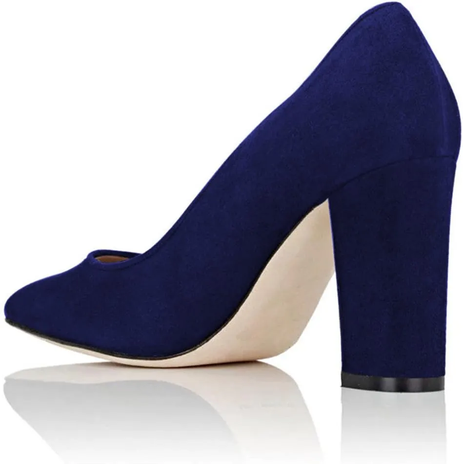 YDN Women's Classic Heeled Office Ladies Pumps Slip on Pointy Toe Chunky High Heels Suede Dress Formal Wear Shoes Size 4-15