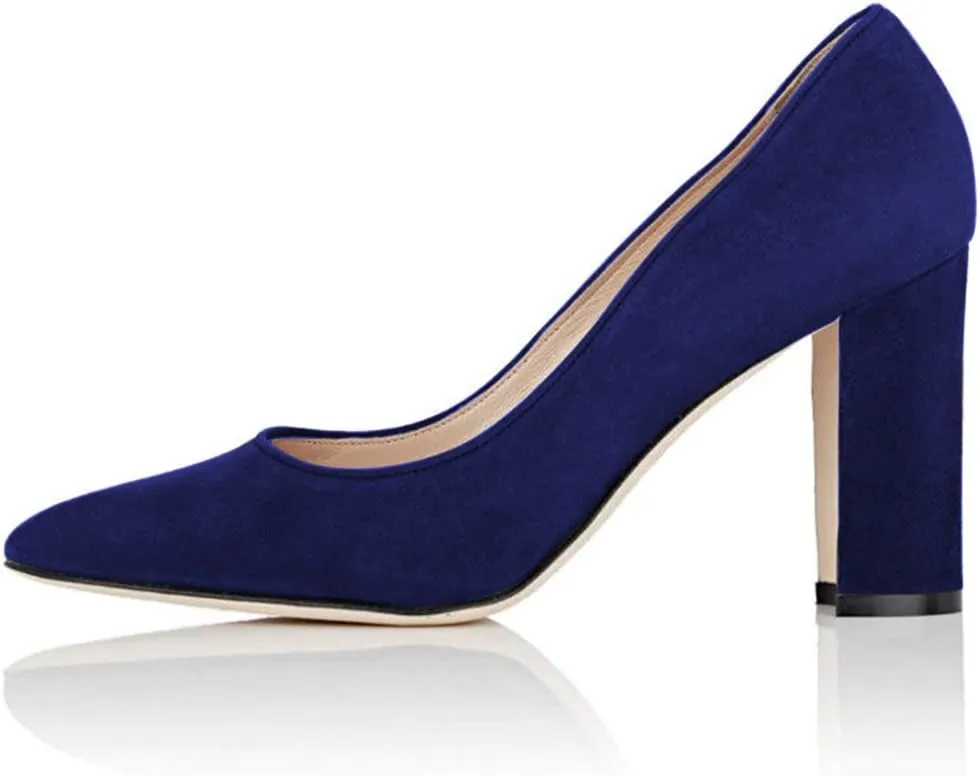 YDN Women's Classic Heeled Office Ladies Pumps Slip on Pointy Toe Chunky High Heels Suede Dress Formal Wear Shoes Size 4-15
