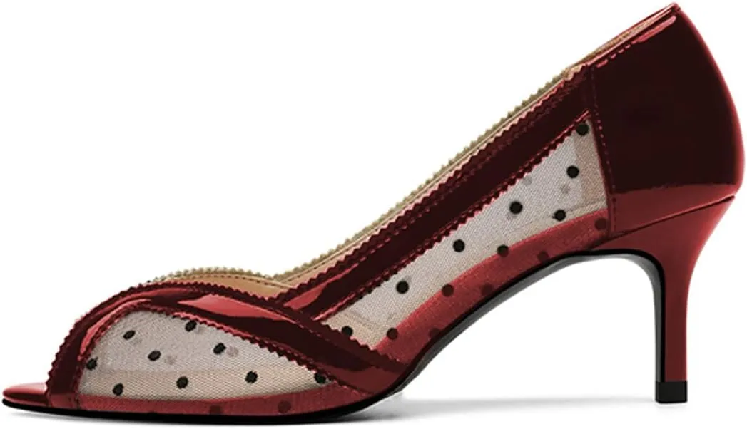 YDN Women's Low Kitten Heel Peep Toe Pumps Slip on Dress Sandals Mesh Dots Comfort Breathable Prom Wedding Shoes Size 4-15 US