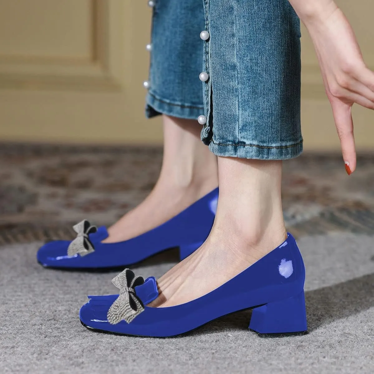 YDN Womens Squared Toe Tassel Pumps Rhinestone Bow Chunky Low Heel Slip On Comfy Dressy Date Office Shoe Size 4-15 US