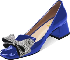 YDN Womens Squared Toe Tassel Pumps Rhinestone Bow Chunky Low Heel Slip On Comfy Dressy Date Office Shoe Size 4-15 US