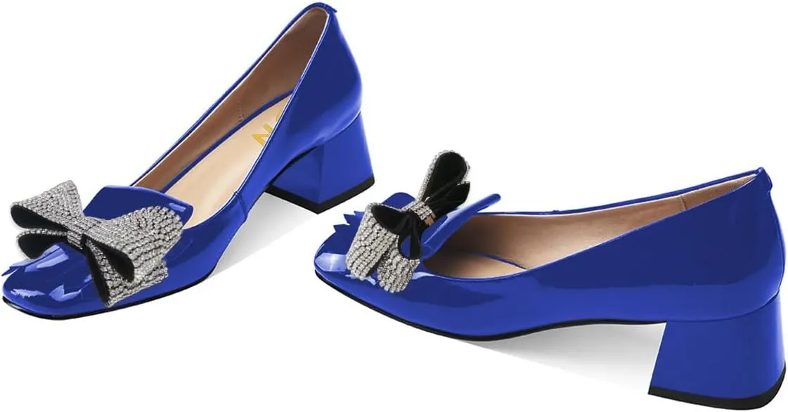 YDN Womens Squared Toe Tassel Pumps Rhinestone Bow Chunky Low Heel Slip On Comfy Dressy Date Office Shoe Size 4-15 US