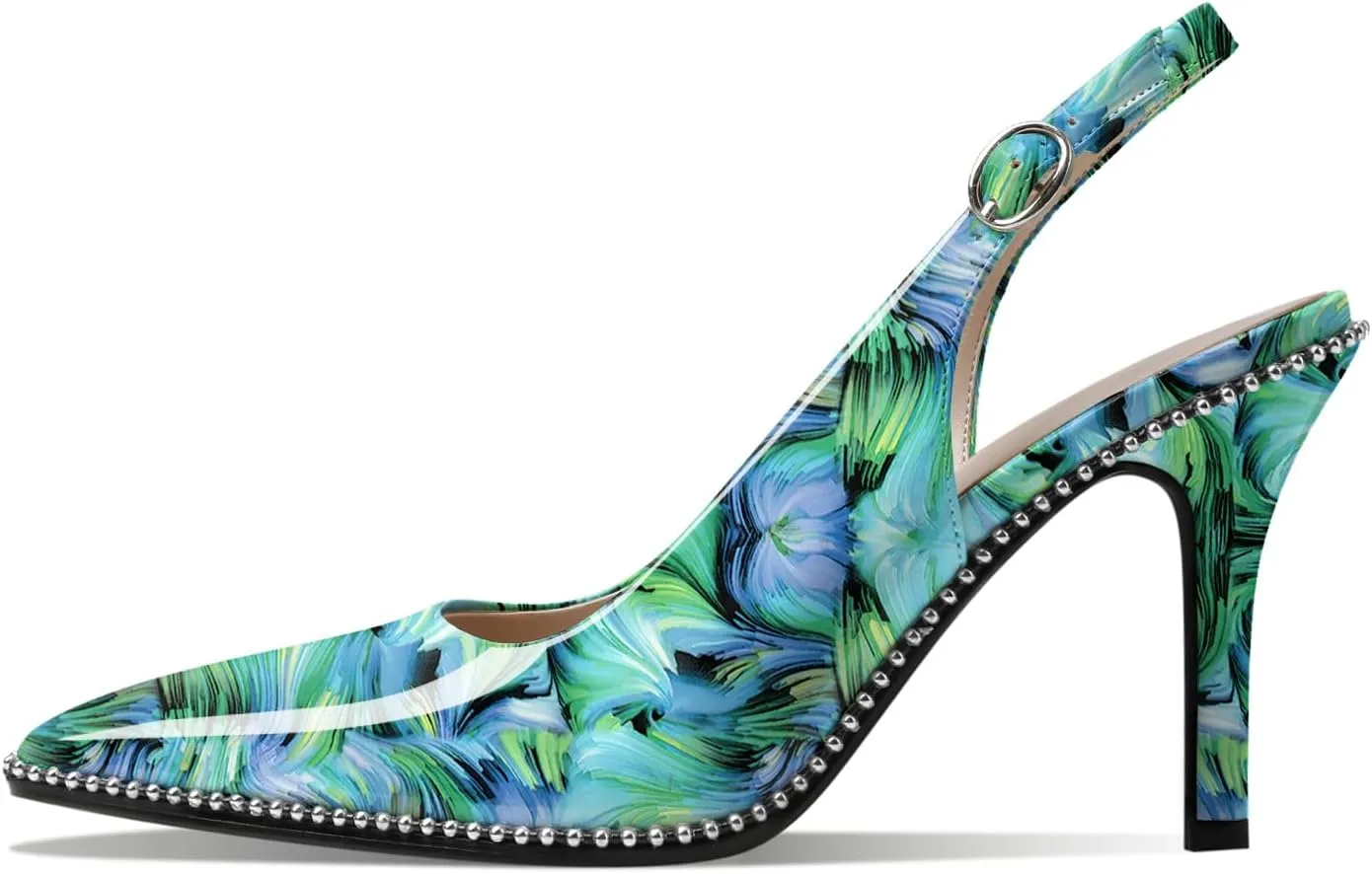 Zamikoo Women Beaded Pumps High Heel Slingback Pointed Toe Slip On 3.5 Inch Stilettos Ankle Strap Adjustable Buckle Patent Leather US Size 5 -Size 13