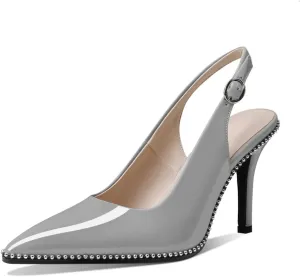 Zamikoo Women Beaded Pumps High Heel Slingback Pointed Toe Slip On 3.5 Inch Stilettos Ankle Strap Adjustable Buckle Patent Leather US Size 5 -Size 13