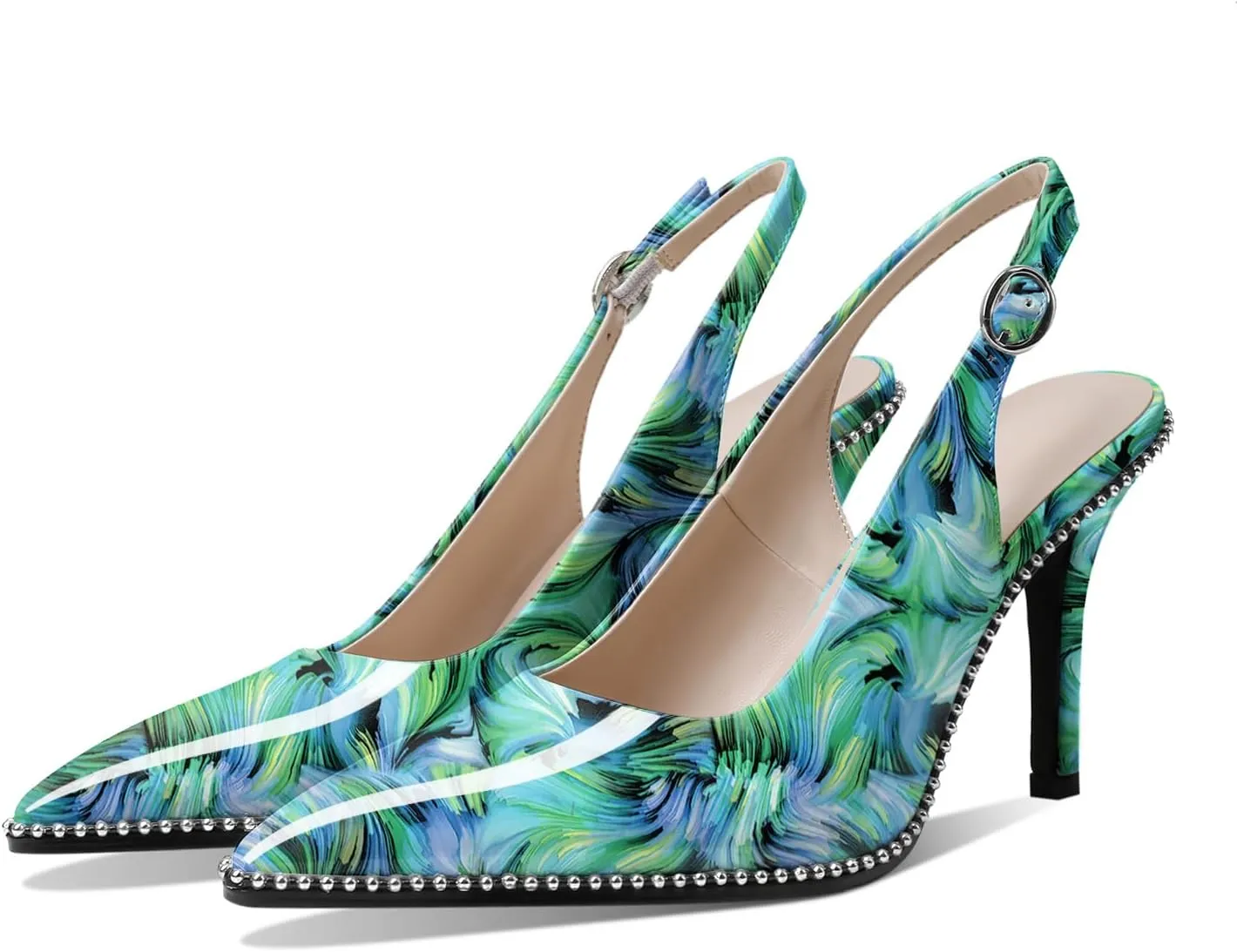 Zamikoo Women Beaded Pumps High Heel Slingback Pointed Toe Slip On 3.5 Inch Stilettos Ankle Strap Adjustable Buckle Patent Leather US Size 5 -Size 13