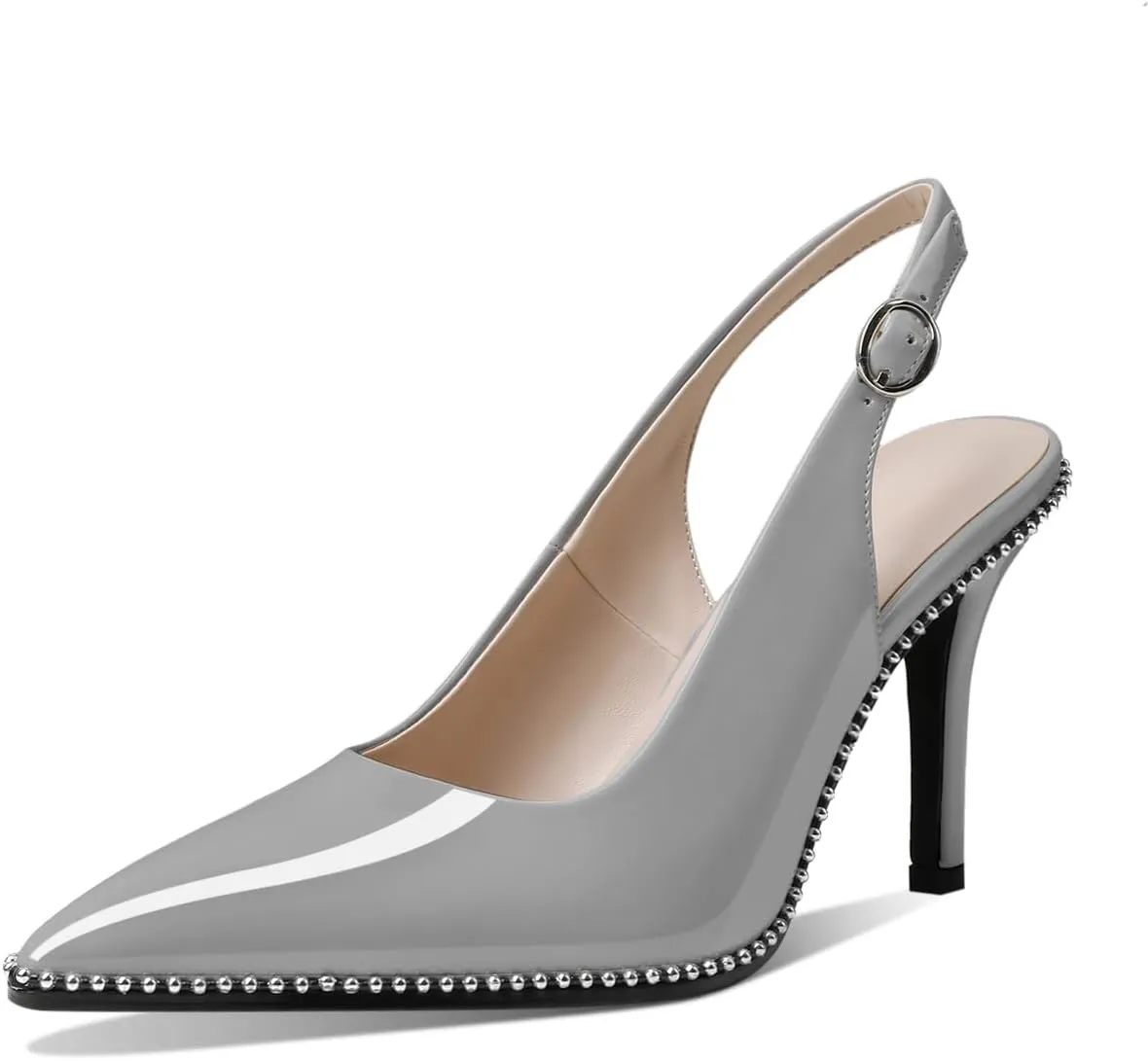 Zamikoo Women Beaded Pumps High Heel Slingback Pointed Toe Slip On 3.5 Inch Stilettos Ankle Strap Adjustable Buckle Patent Leather US Size 5 -Size 13