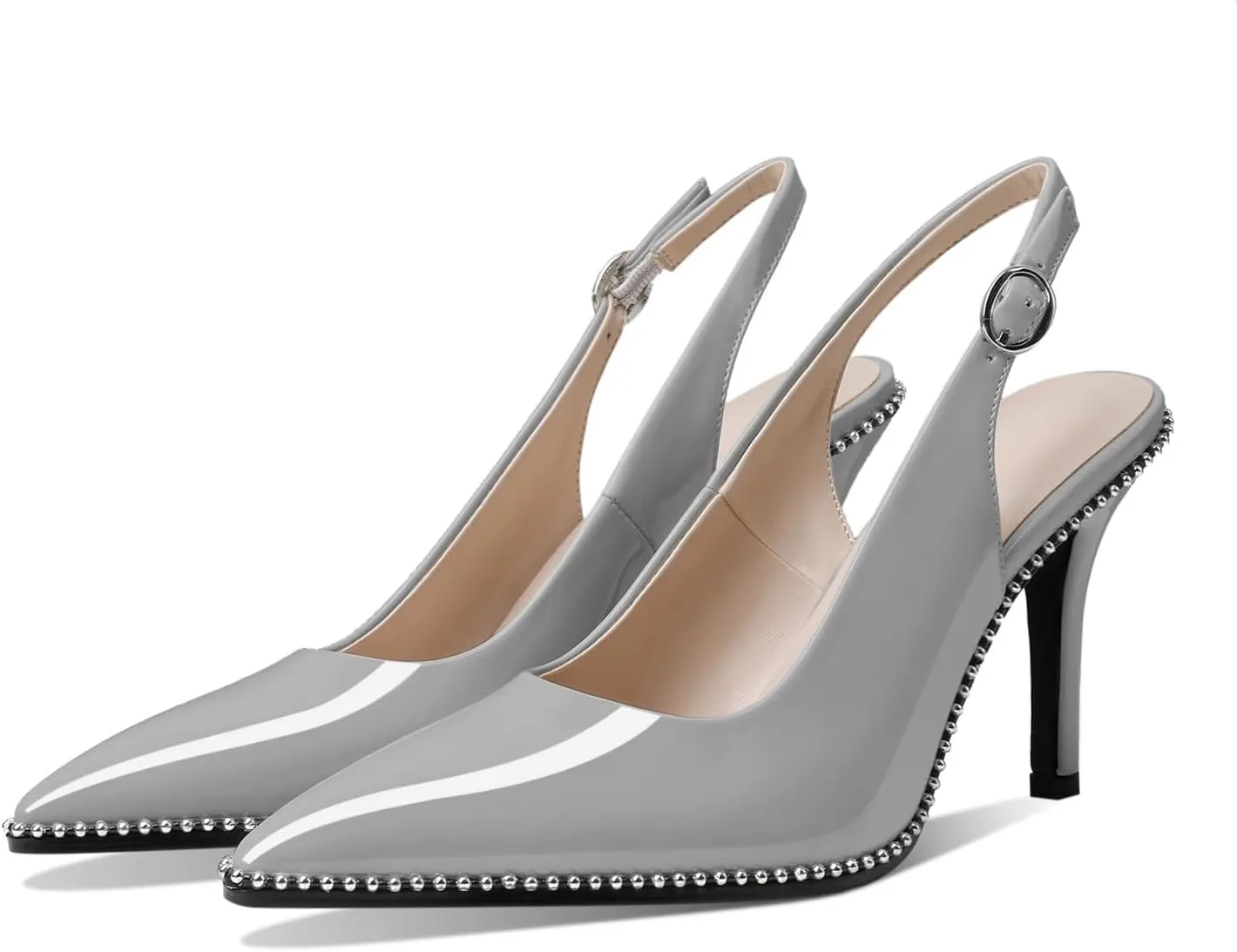 Zamikoo Women Beaded Pumps High Heel Slingback Pointed Toe Slip On 3.5 Inch Stilettos Ankle Strap Adjustable Buckle Patent Leather US Size 5 -Size 13