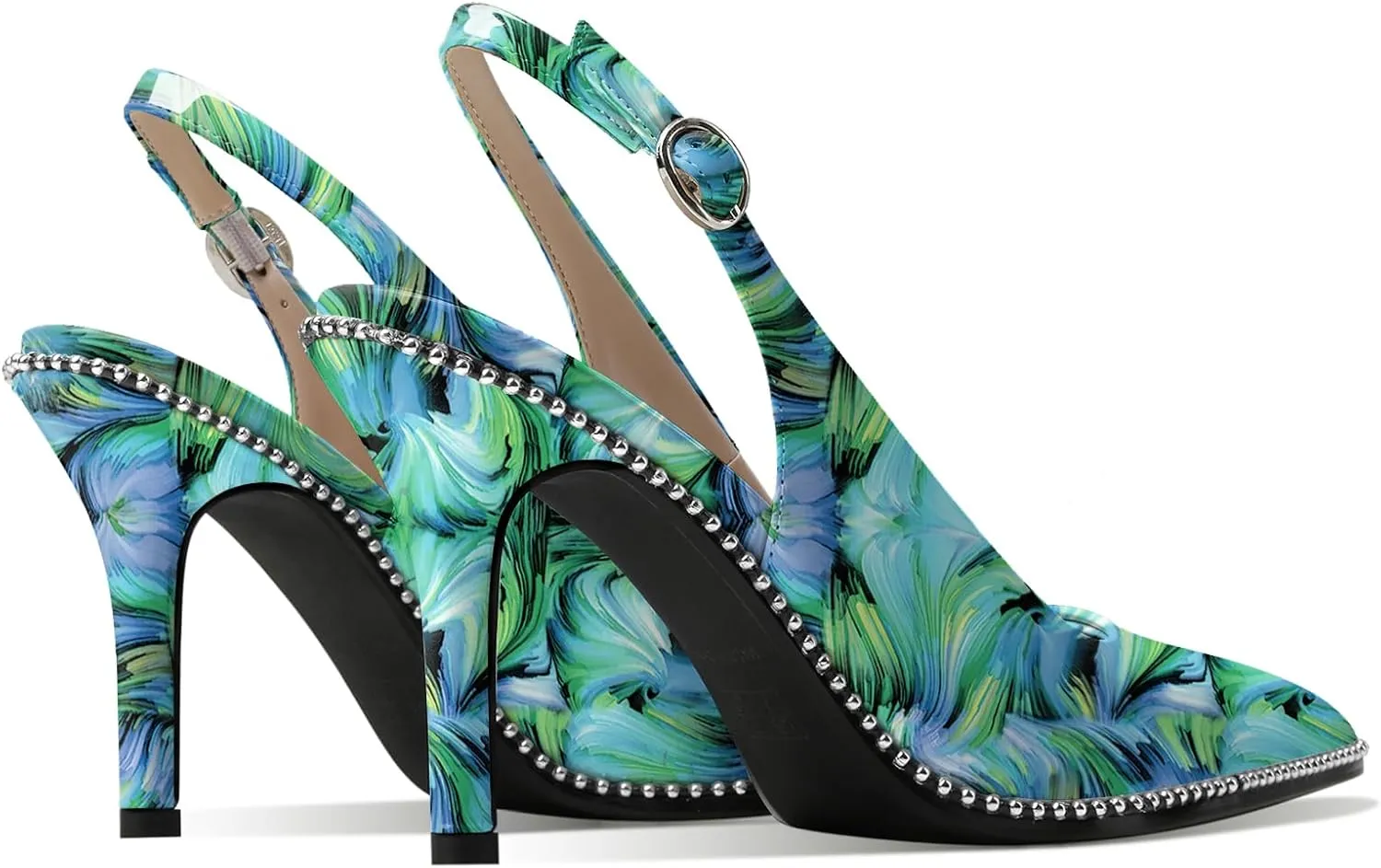 Zamikoo Women Beaded Pumps High Heel Slingback Pointed Toe Slip On 3.5 Inch Stilettos Ankle Strap Adjustable Buckle Patent Leather US Size 5 -Size 13