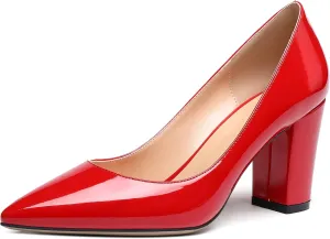 Zamikoo Women's Chunky Heel Pumps Pointy Toe Slip On Classic High Heel Shoes 3.35 Inches