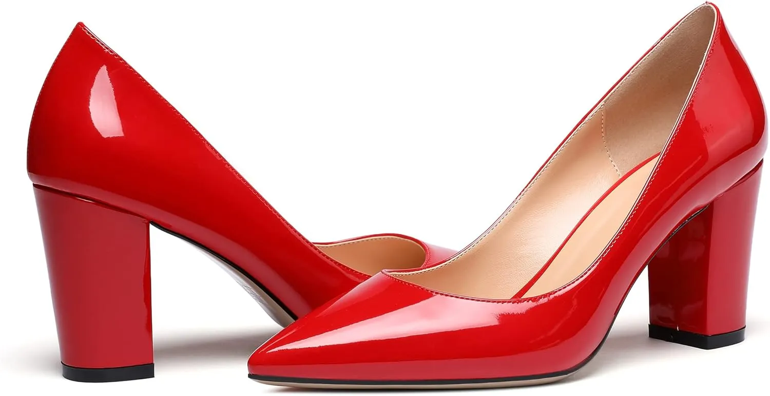 Zamikoo Women's Chunky Heel Pumps Pointy Toe Slip On Classic High Heel Shoes 3.35 Inches